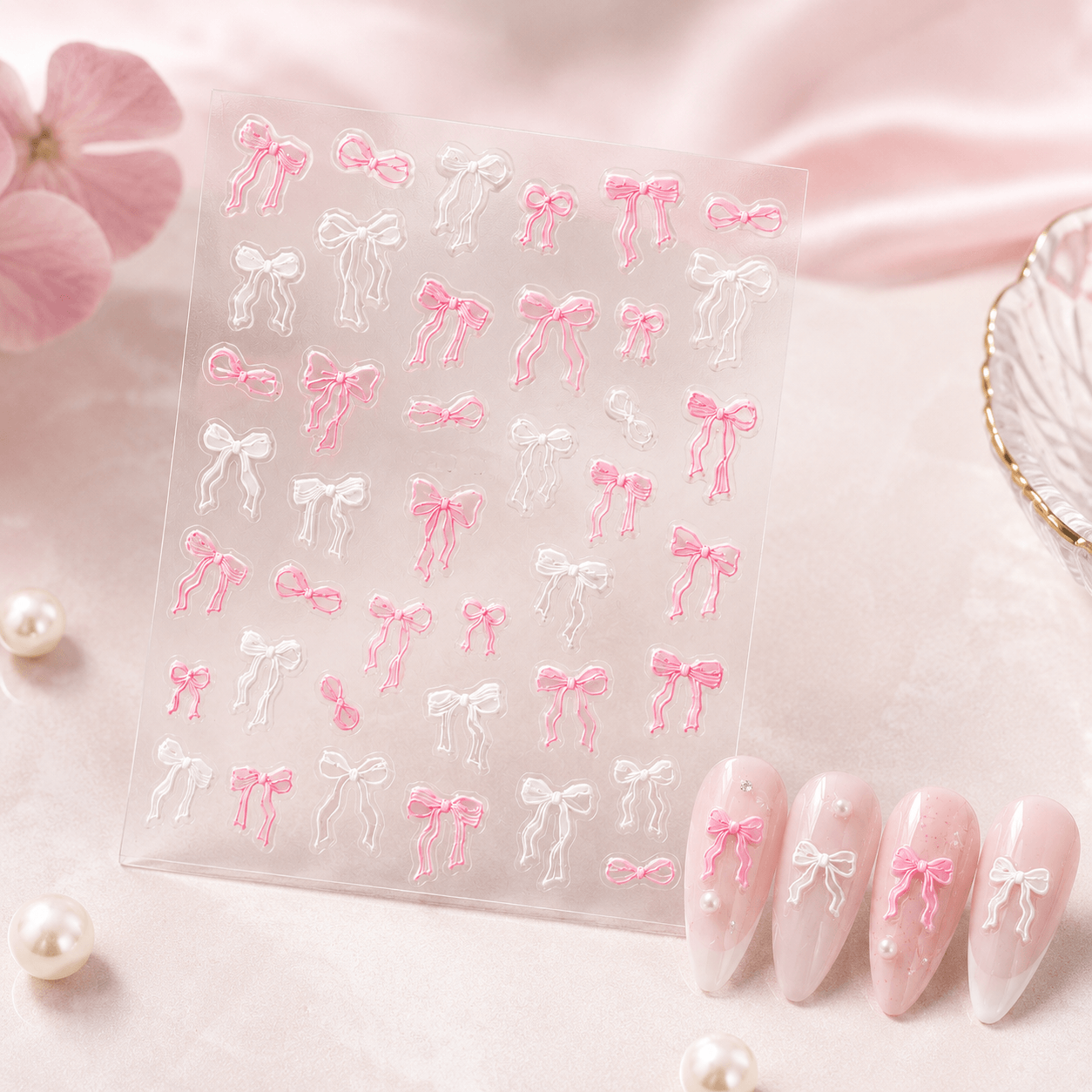 3D Bow Ribbon Nail Art Stickers | Sweet Pink & White Coquette Style Main image