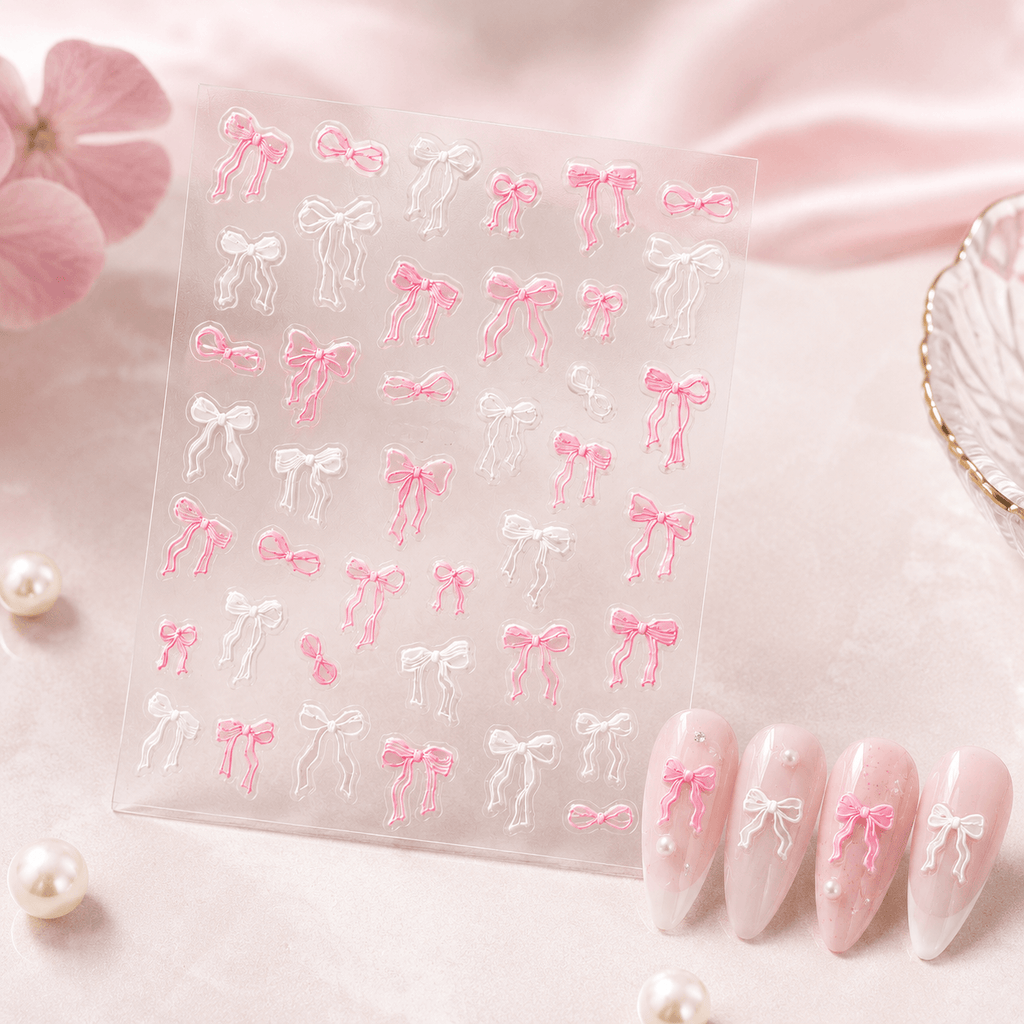 3D Bow Ribbon Nail Art Stickers | Sweet Pink & White Coquette Style