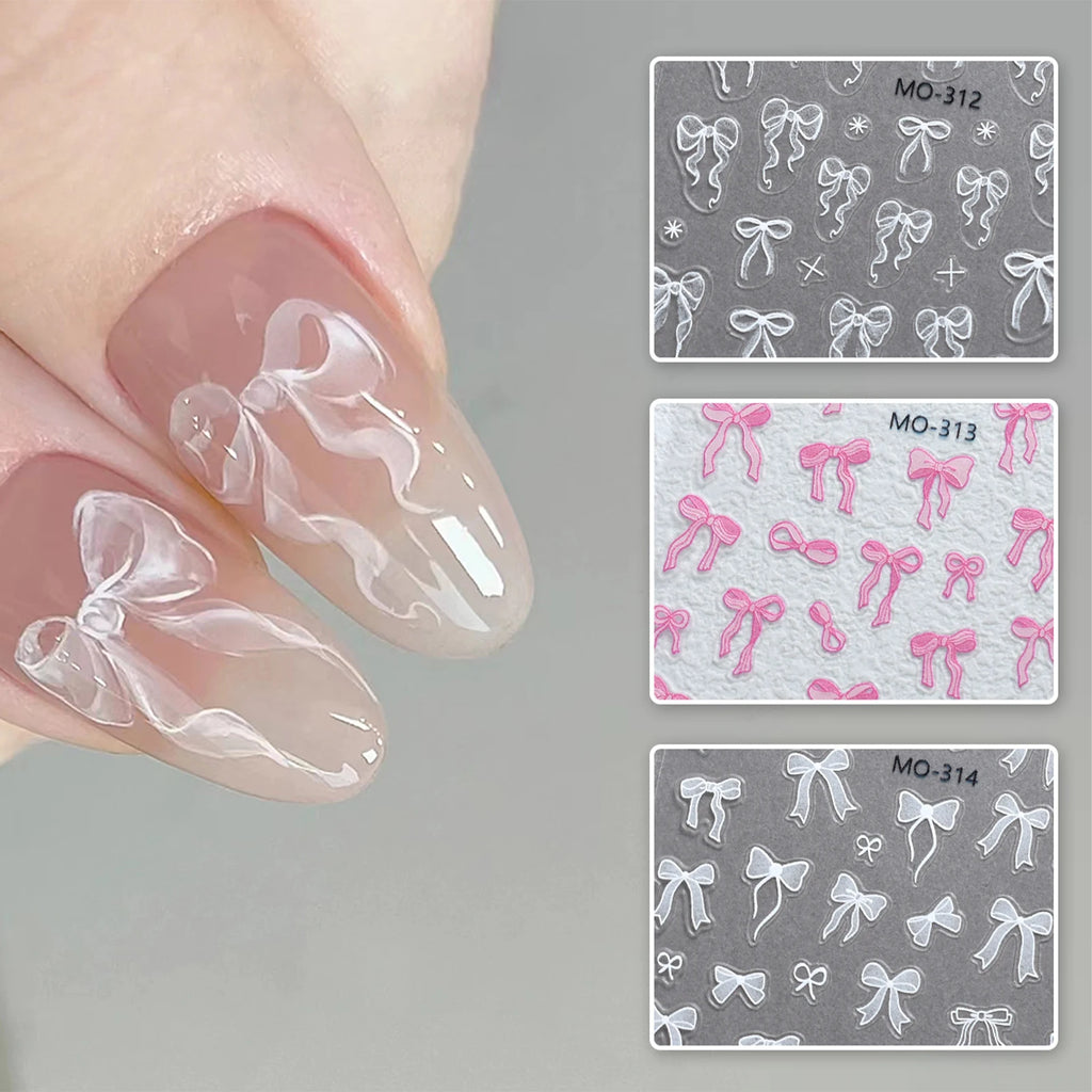 3D Bow Ribbon Nail Art Stickers — Sweet Pink & White