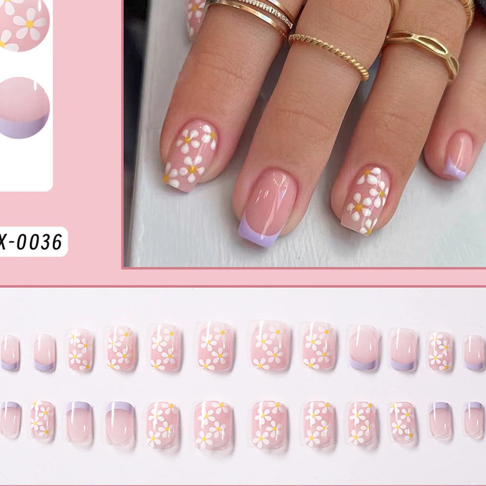Flower Press-On Nails | White & Pink Short Square Full Cover (24 Pcs)