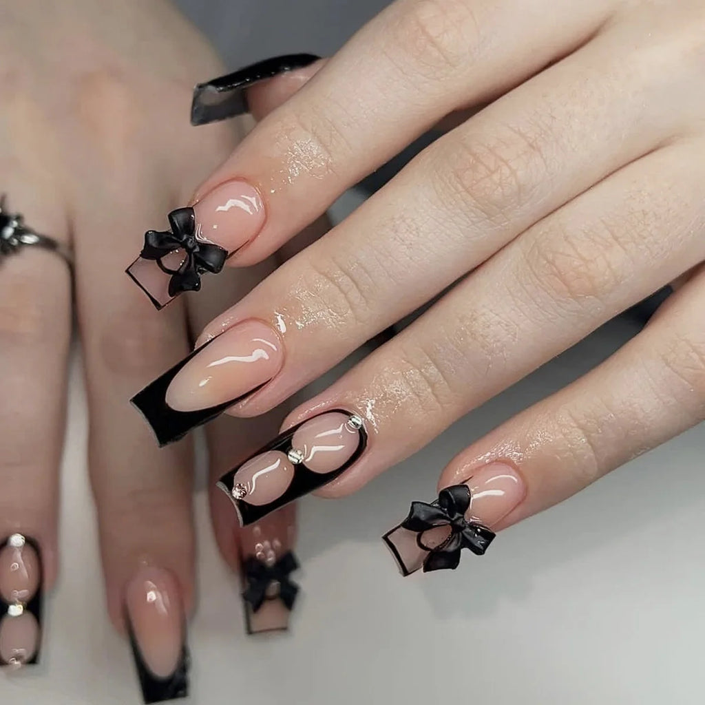 White French Press-On Nails with 3D Bowknot (24 Pcs)