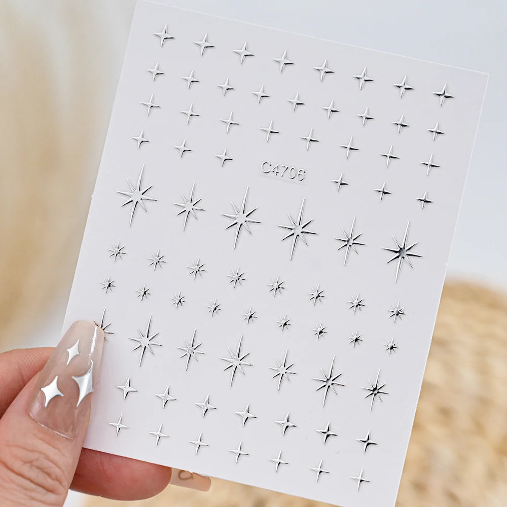 Metallic 3D Star & Chain Nail Art Stickers | Gold & Silver (6 Sheets)