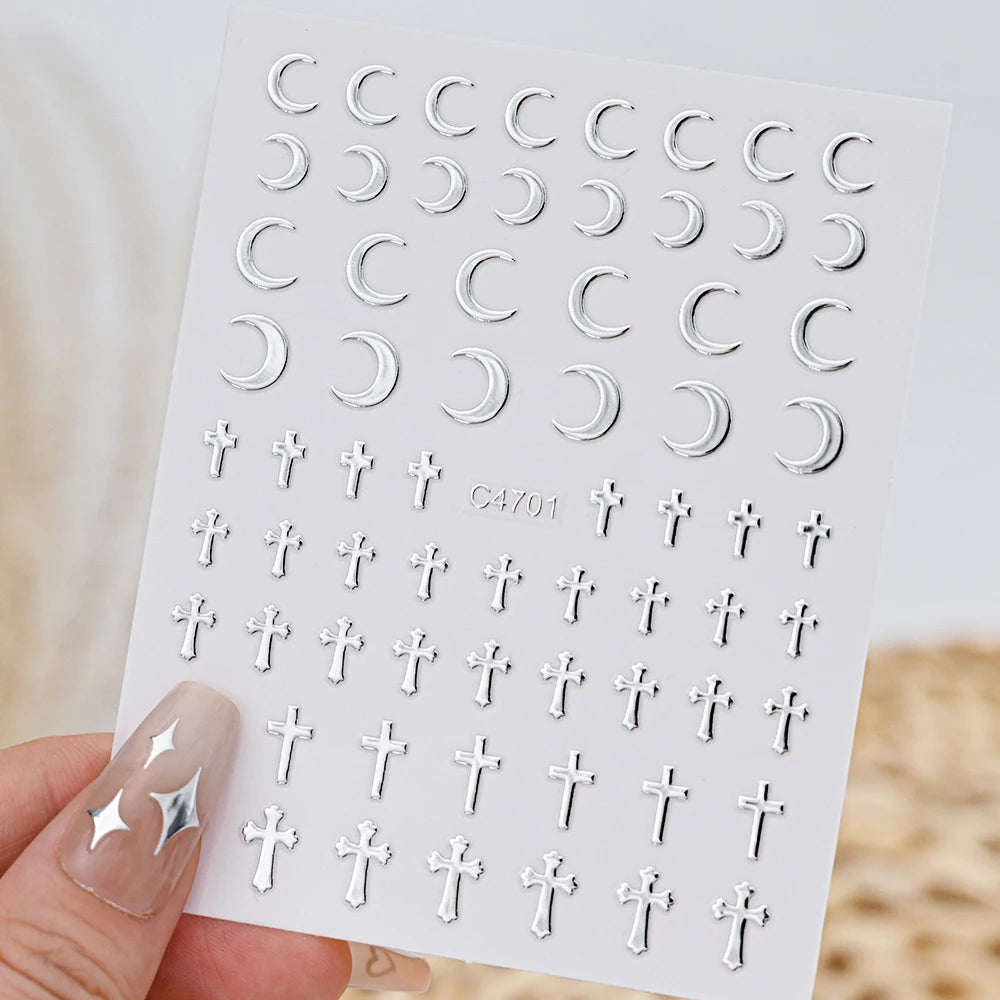 Metallic 3D Star & Chain Nail Art Stickers | Gold & Silver (6 Sheets)