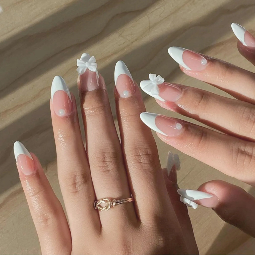 White French Press-On Nails with 3D Bowknot (24 Pcs)