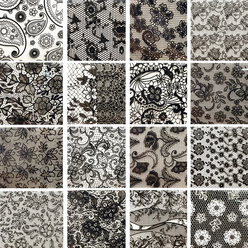 Black & White Lace Rose Nail Foil Stickers