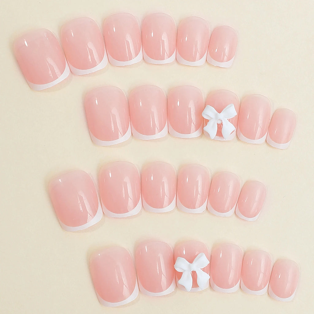 White French Press-On Nails with 3D Bowknot (24 Pcs)