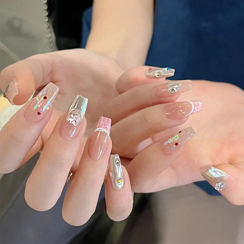 Glitter Diamond Press-On Nails | Short Square Full Cover (24 Pcs)