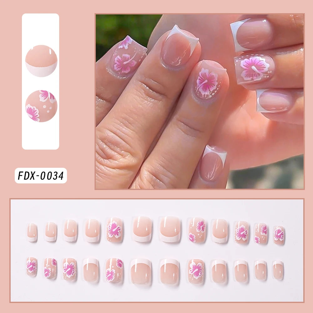 Flower Press-On Nails | White & Pink Short Square Full Cover (24 Pcs) Secondary image