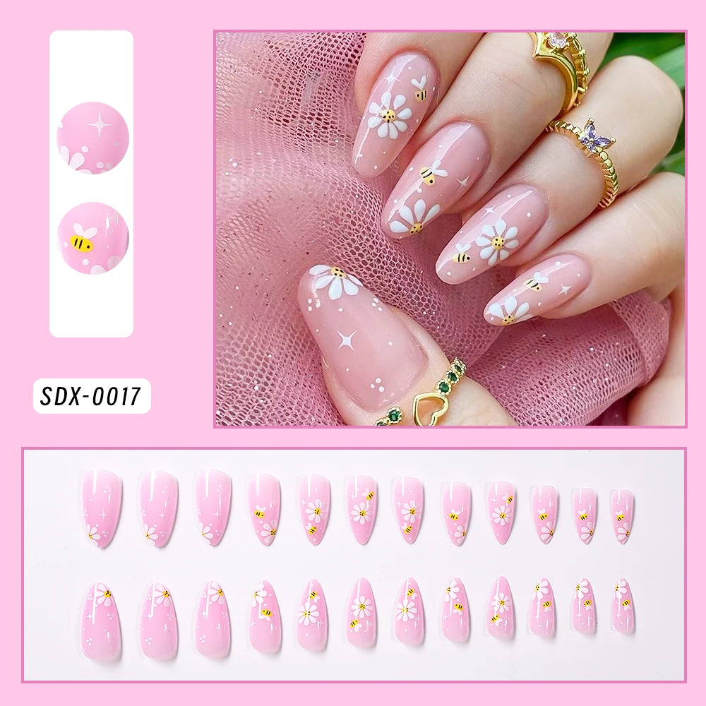 Flower Press-On Nails | White & Pink Short Square Full Cover (24 Pcs)