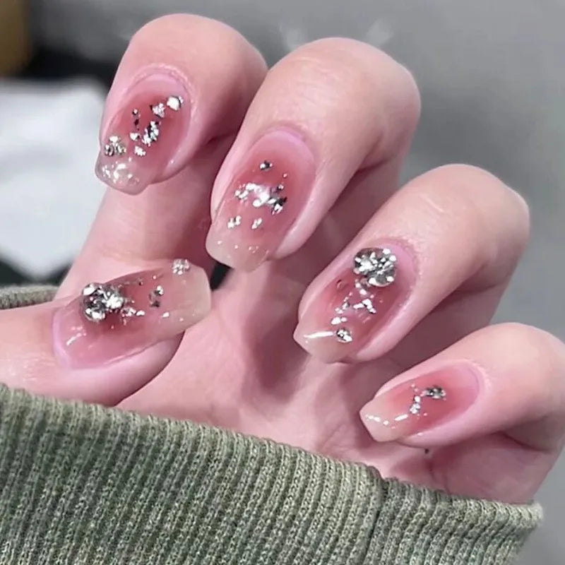 Glitter Diamond Press-On Nails | Short Square Full Cover (24 Pcs)