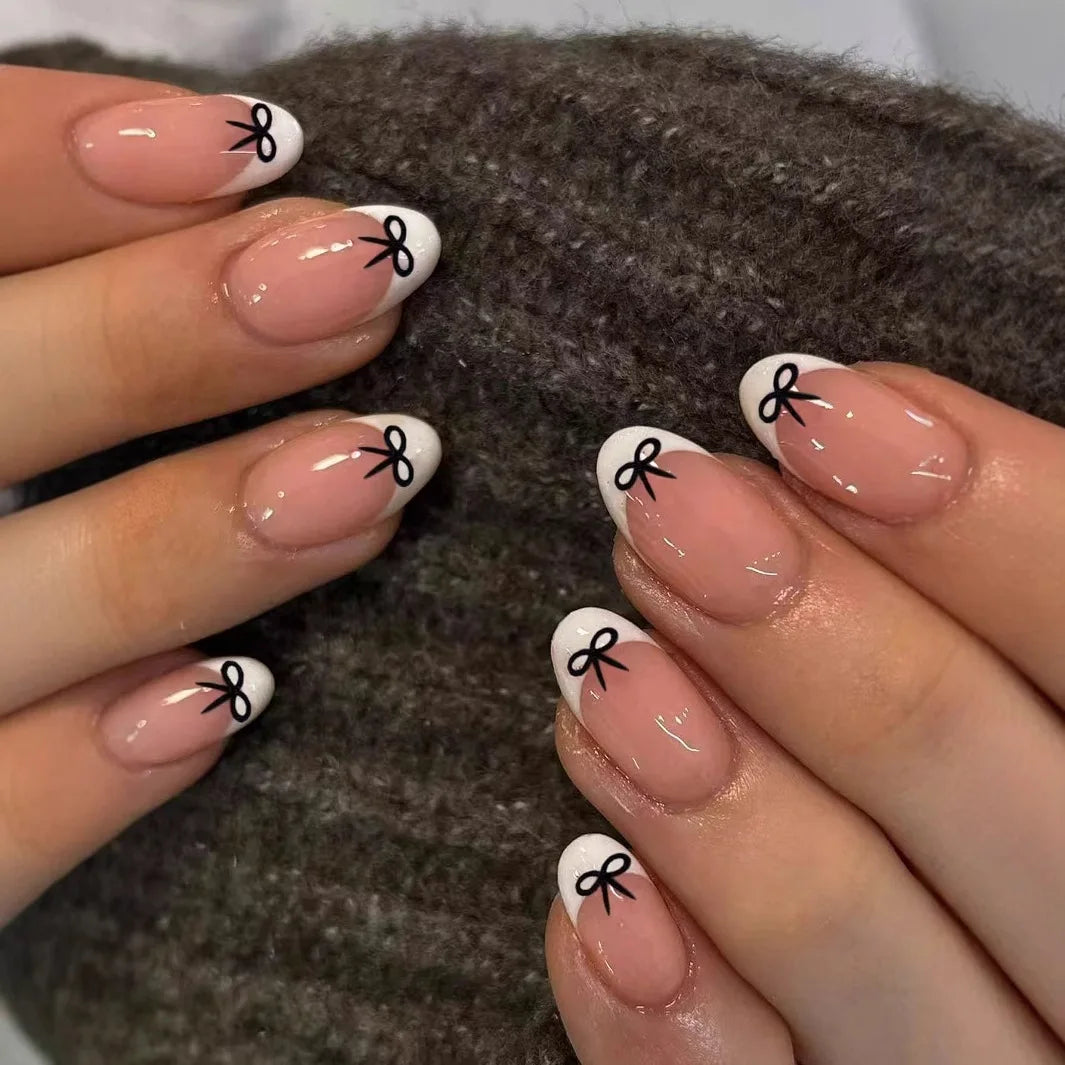 White French Press-On Nails with 3D Bowknot (24 Pcs)