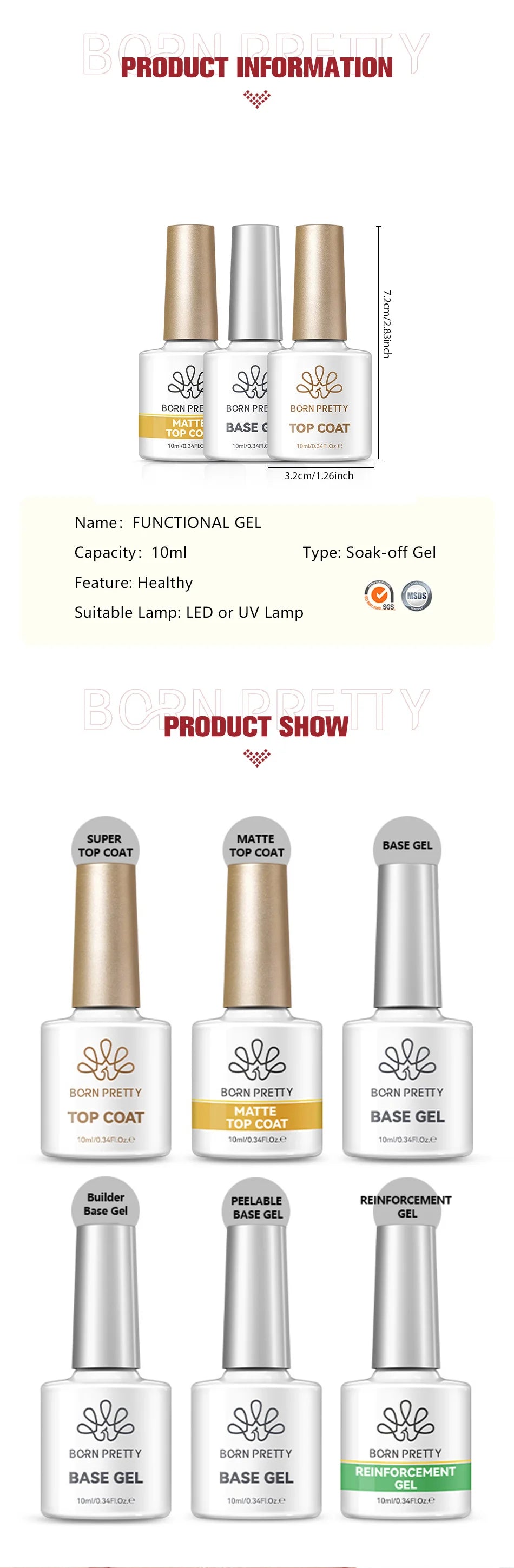 Professional Nail Gel Collection — Base, Top Coat & More (10ml)