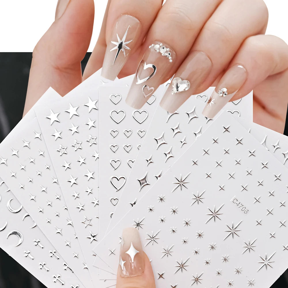 Metallic 3D Star & Chain Nail Art Stickers (6 Sheets) Main image