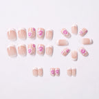 Flower Press-On Nails | White & Pink Short Square Full Cover (24 Pcs)