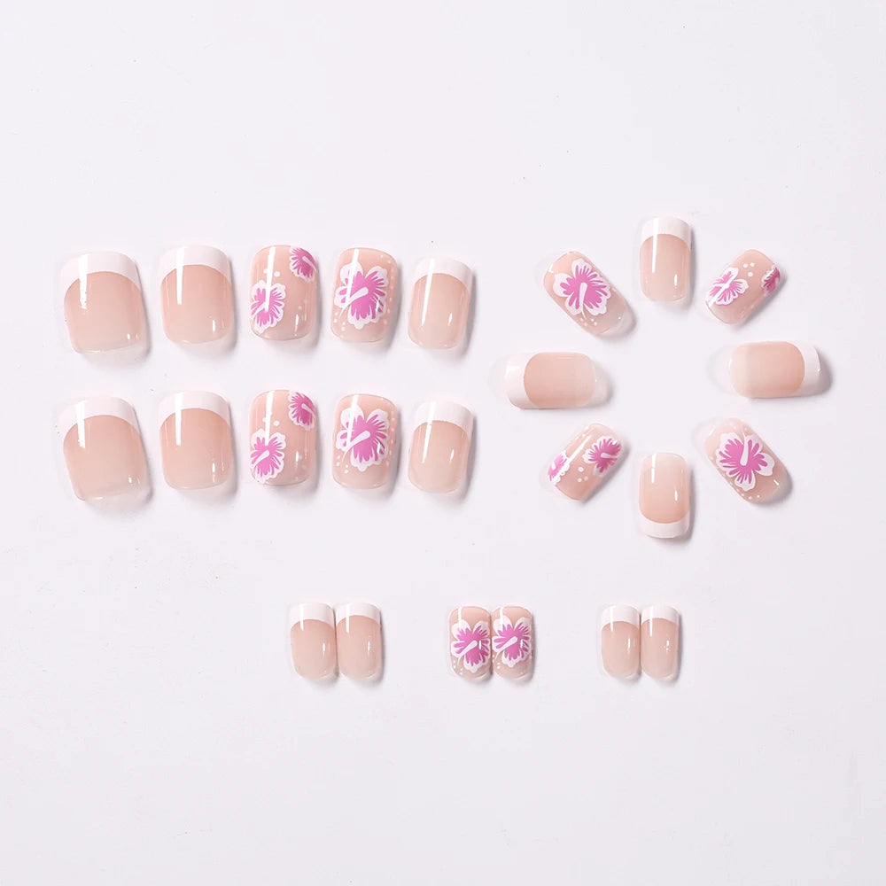 Flower Press-On Nails | White & Pink Short Square Full Cover (24 Pcs)
