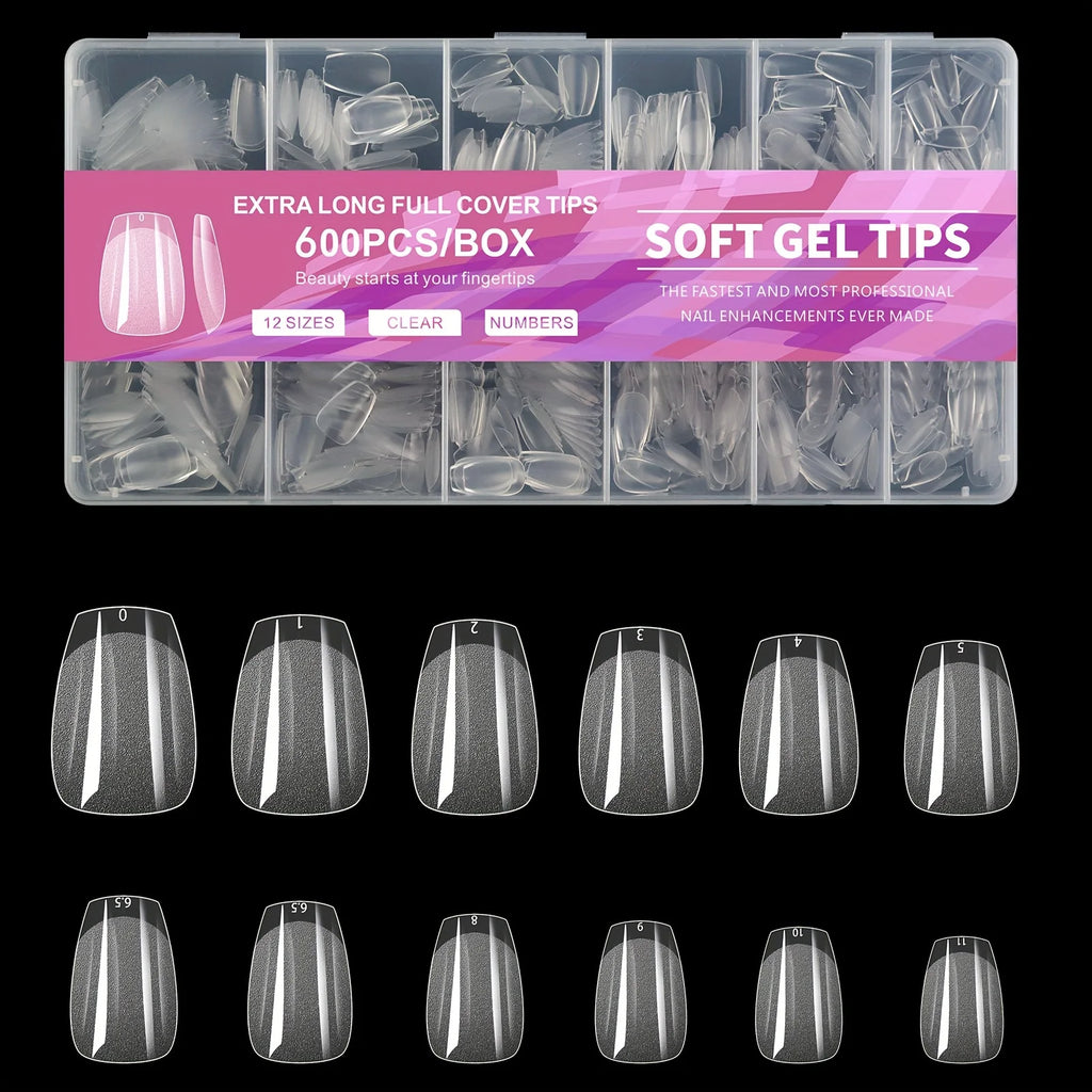 Gel Nail Tips for Extensions | Half Matte Clear Acrylic Full Cover (600 Pcs)