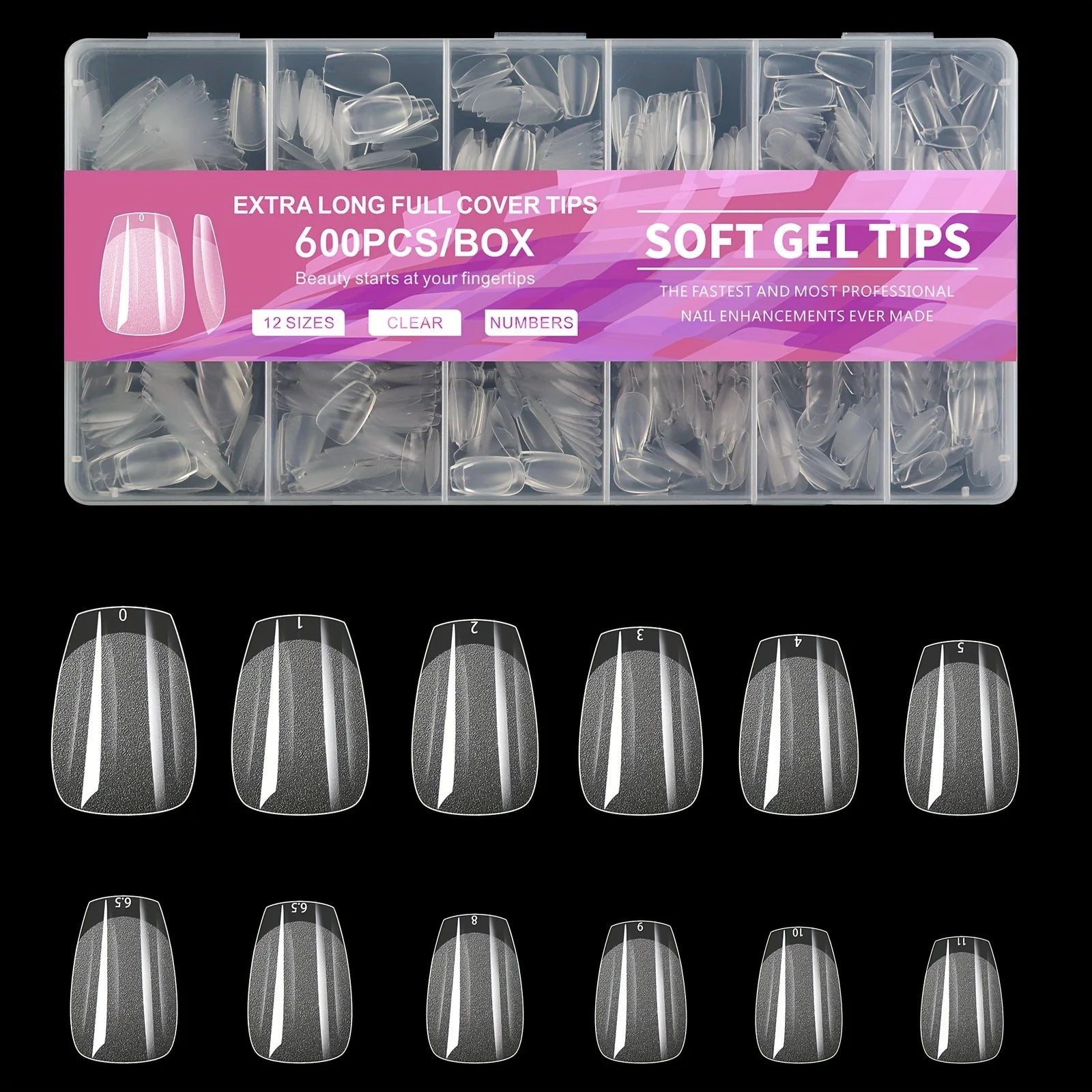 Gel Nail Tips for Extensions | Half Matte Clear Acrylic Full Cover (600 Pcs)