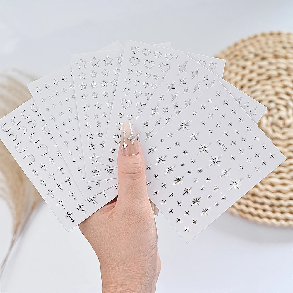 Metallic 3D Star & Chain Nail Art Stickers | Gold & Silver (6 Sheets)