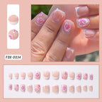 Flower Press-On Nails | White & Pink Short Square Full Cover (24 Pcs)
