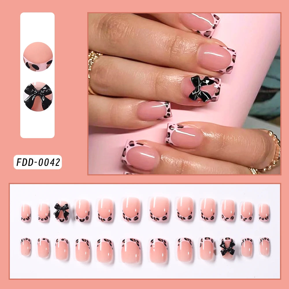 Flower Press-On Nails | White & Pink Short Square Full Cover (24 Pcs)