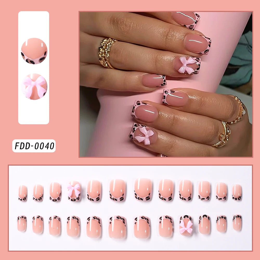 Flower Press-On Nails | White & Pink Short Square Full Cover (24 Pcs)