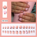 Flower Press-On Nails | White & Pink Short Square Full Cover (24 Pcs)