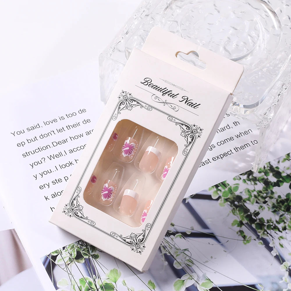 Flower Press-On Nails | White & Pink Short Square Full Cover (24 Pcs)