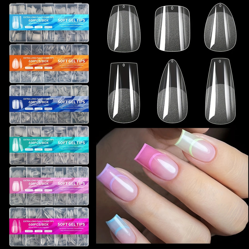 Gel Nail Tips for Extensions | Half Matte Clear Acrylic Full Cover (600 Pcs)