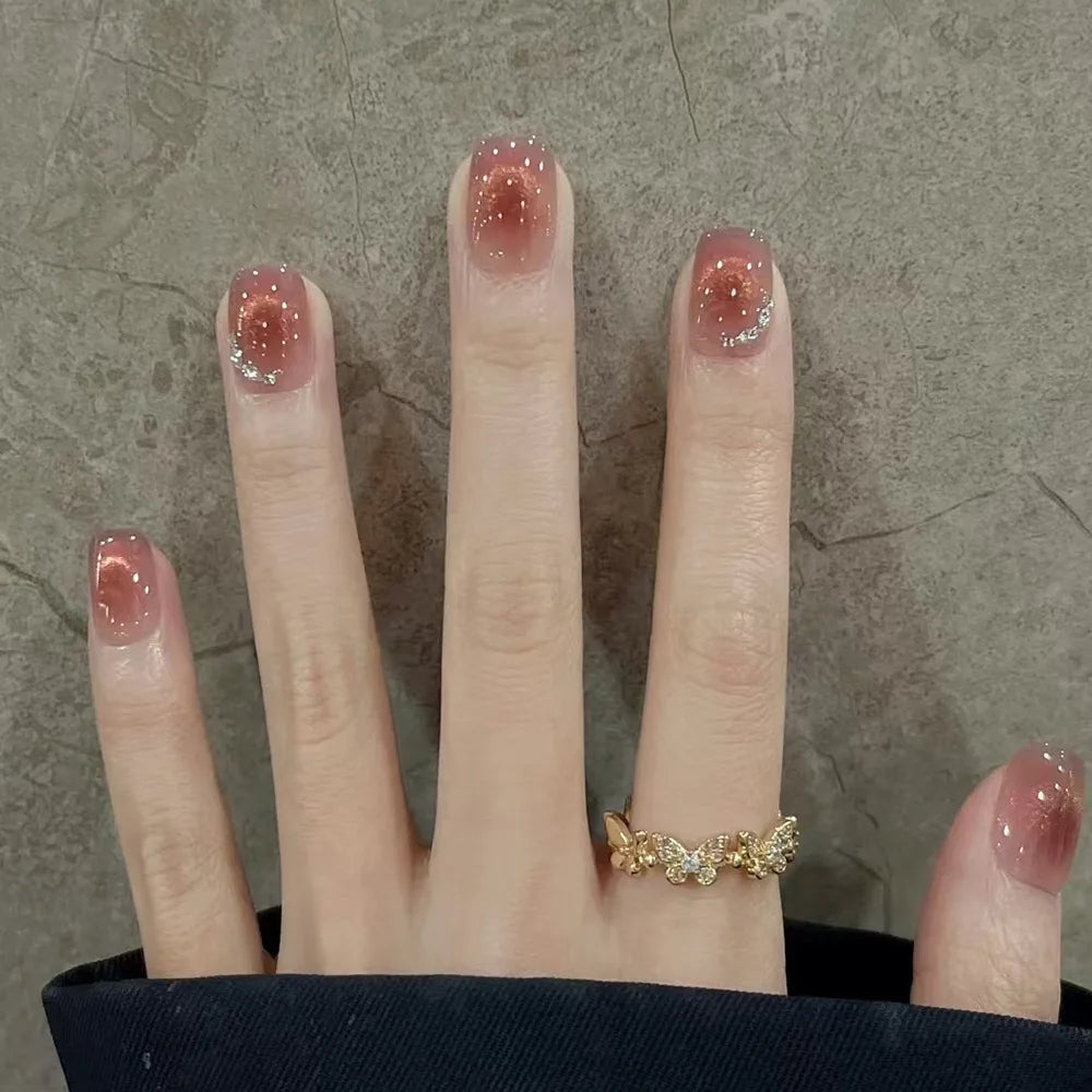 Glitter Diamond Press-On Nails | Short Square Full Cover (24 Pcs)