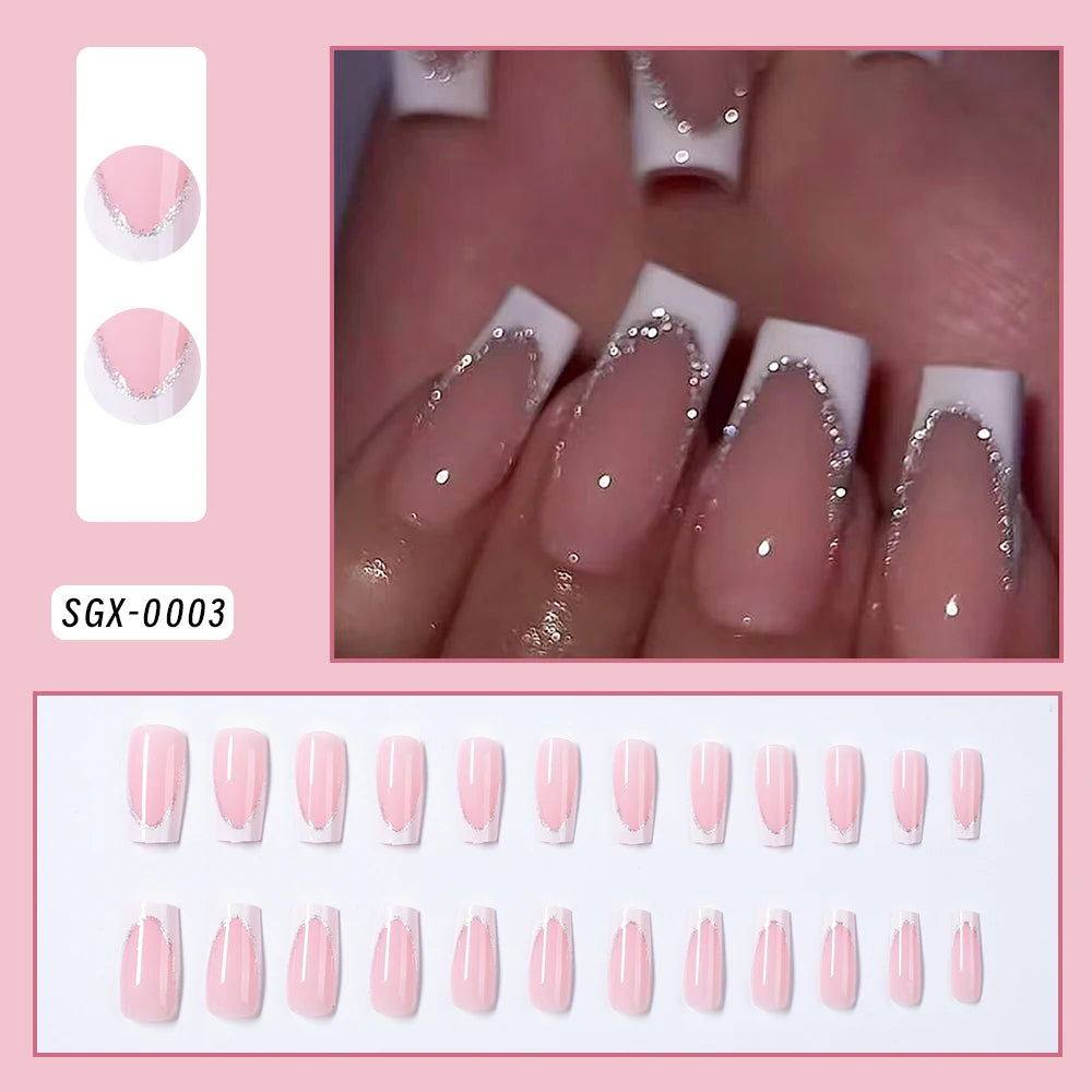 Flower Press-On Nails | White & Pink Short Square Full Cover (24 Pcs)