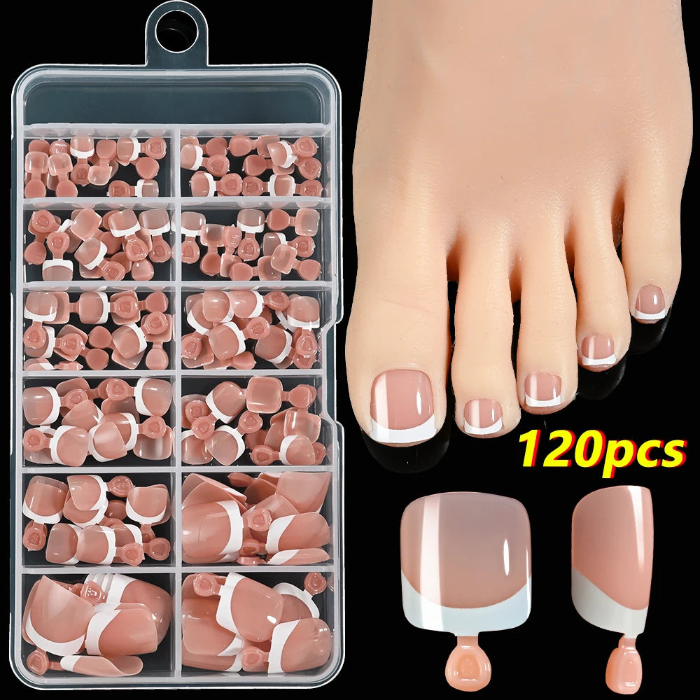 White Short Square Press-On Toenails | Full Cover Pedicure Set (100 Pcs)