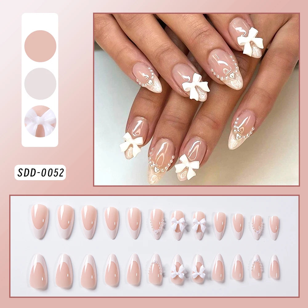 Flower Press-On Nails | White & Pink Short Square Full Cover (24 Pcs)