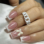 White French Press-On Nails with 3D Bowknot (24 Pcs)