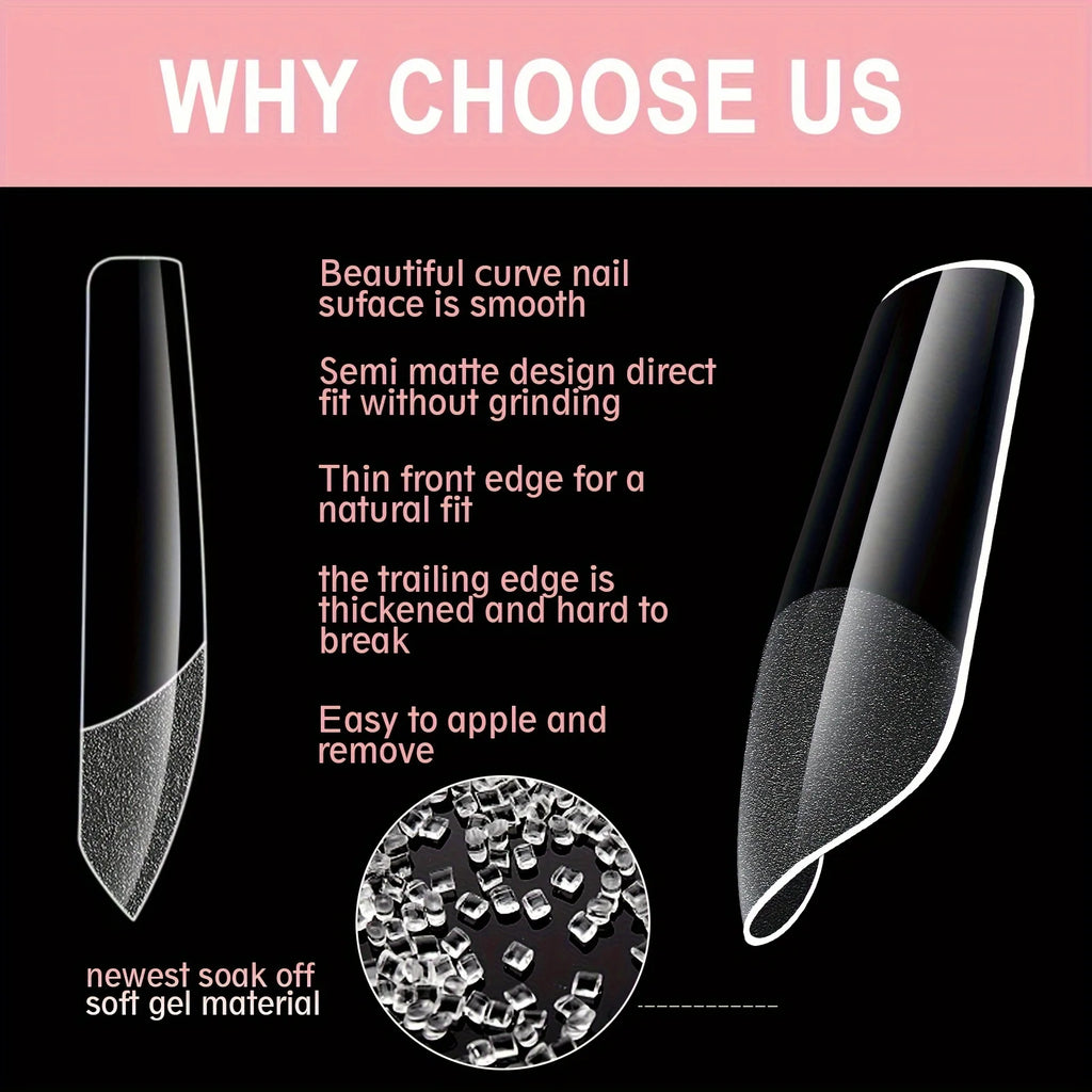 Gel Nail Tips for Extensions | Half Matte Clear Acrylic Full Cover (600 Pcs)