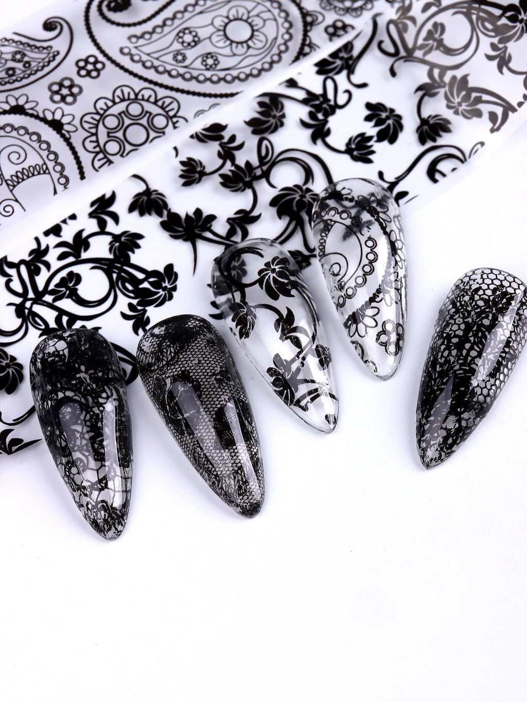 Black & White Lace Nail Foil Transfer Stickers | 10 Sheets
