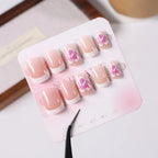 Flower Press-On Nails | White & Pink Short Square Full Cover (24 Pcs)