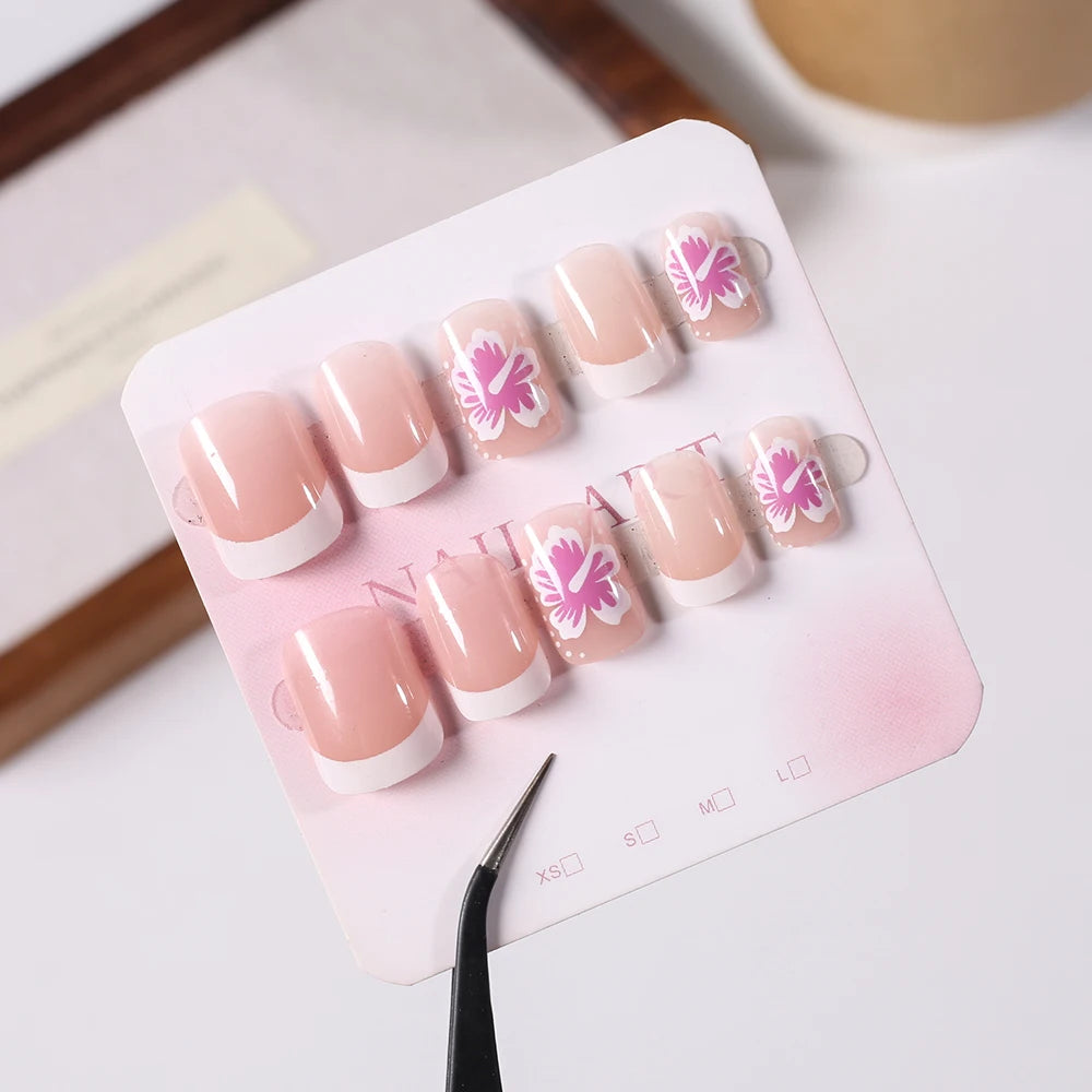 Flower Press-On Nails | White & Pink Short Square Full Cover (24 Pcs)