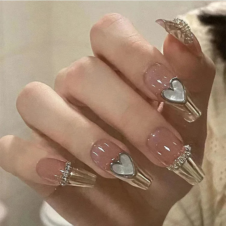 Flower Press-On Nails | White & Pink Short Square Full Cover (24 Pcs)