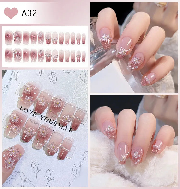 Flower Press-On Nails | White & Pink Short Square Full Cover (24 Pcs)