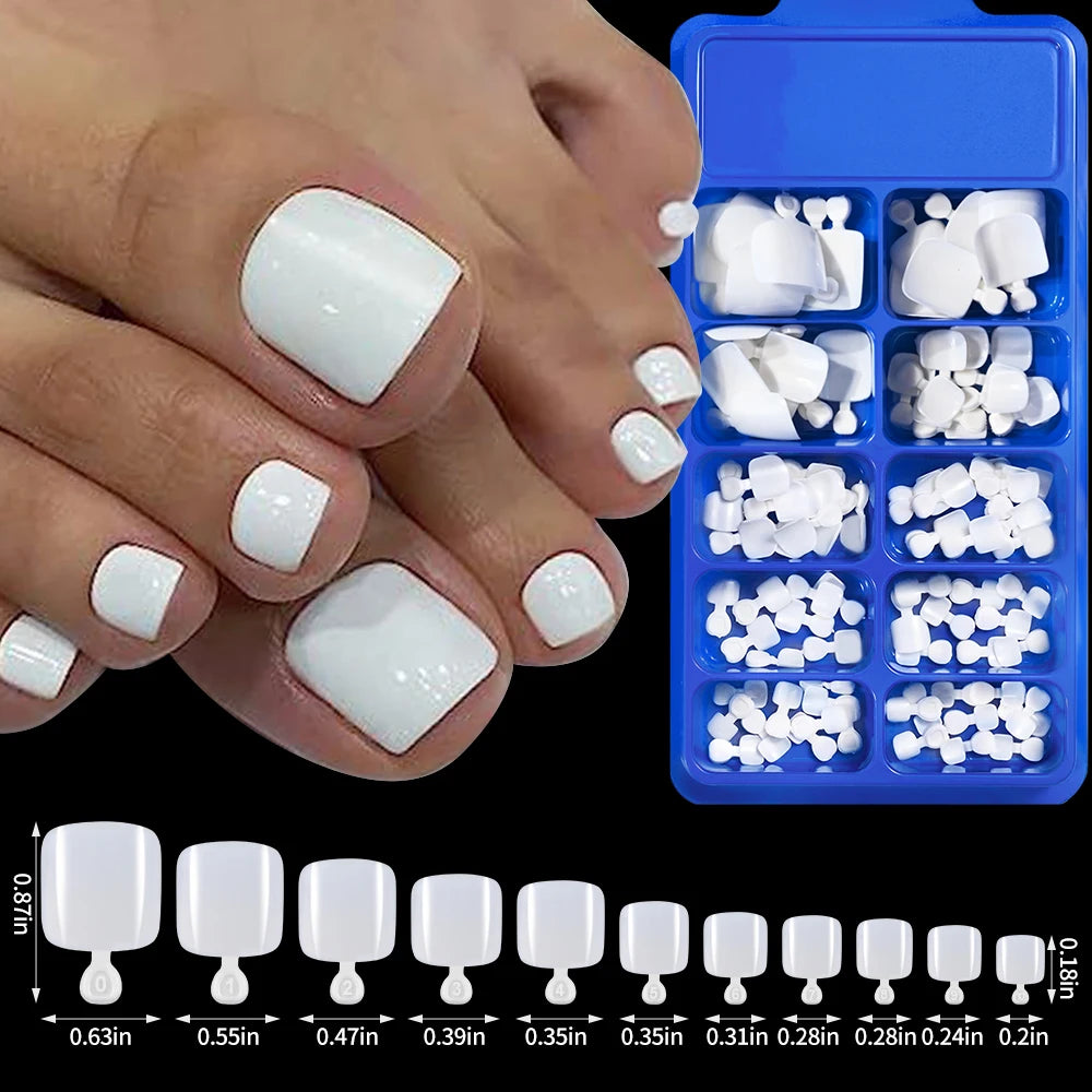 White Short Square Press-On Toenails | Full Cover Pedicure Set (100 Pcs)