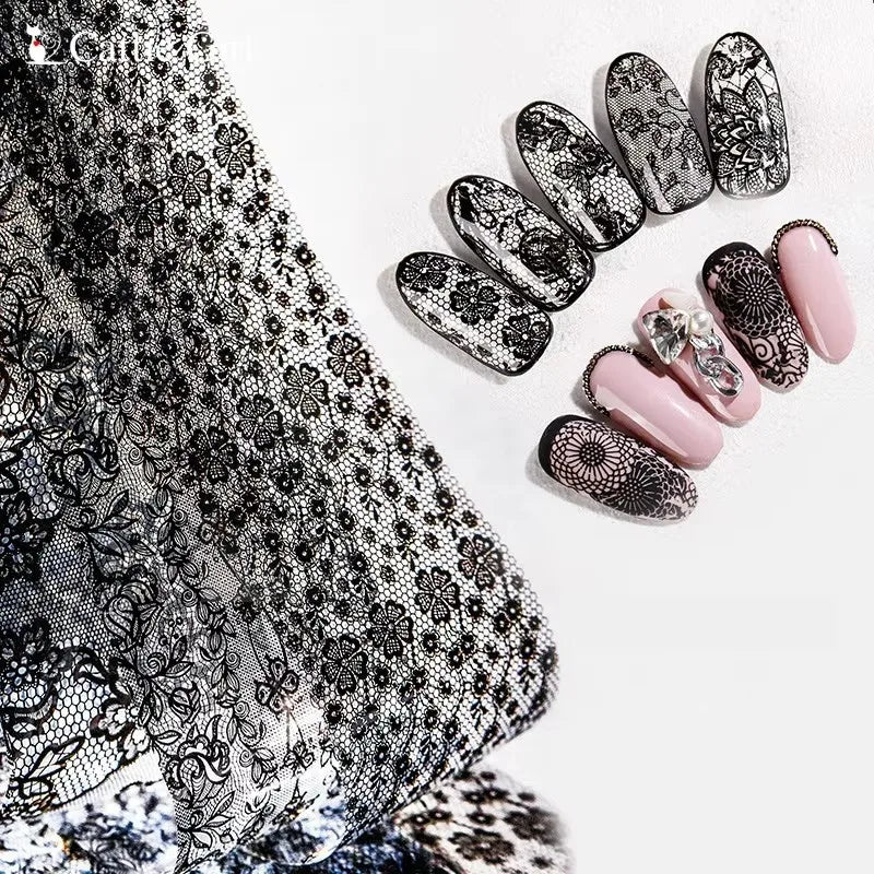 Black & White Lace Rose Nail Foil Stickers