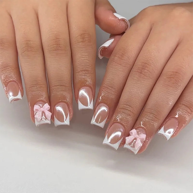 White French Press-On Nails with 3D Bow | Romantic & Elegant (24 Pcs) Main image