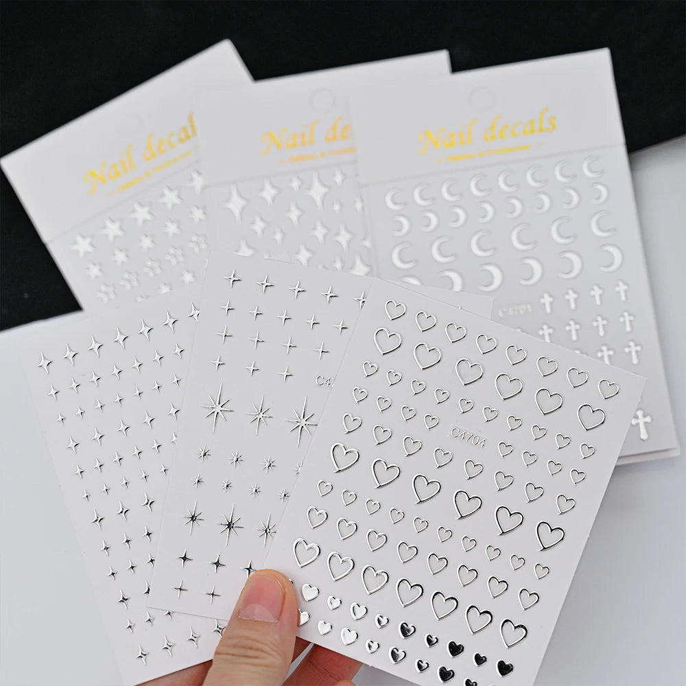 Metallic 3D Star & Chain Nail Art Stickers | Gold & Silver (6 Sheets)