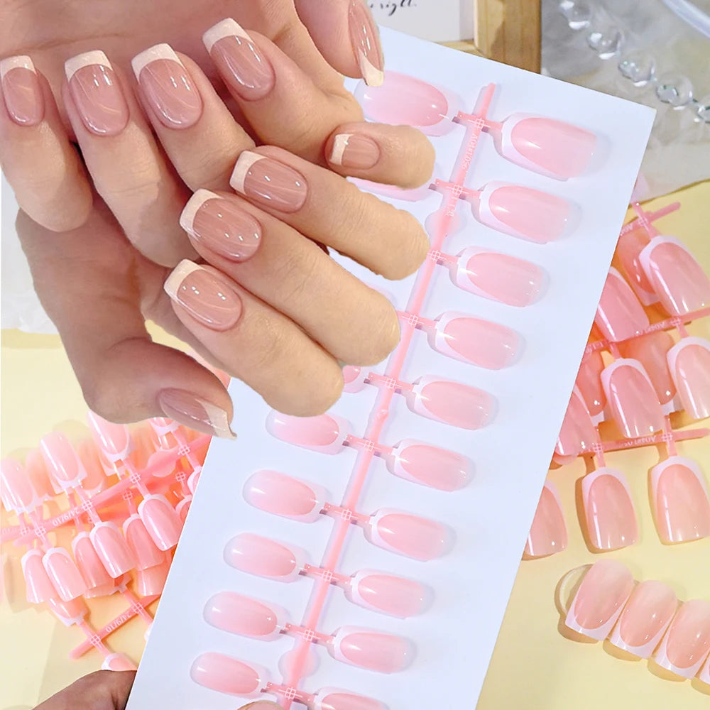 Glossy Pink Square Coffin Press-On Nails | Full Cover Salon Set (120 Pcs)