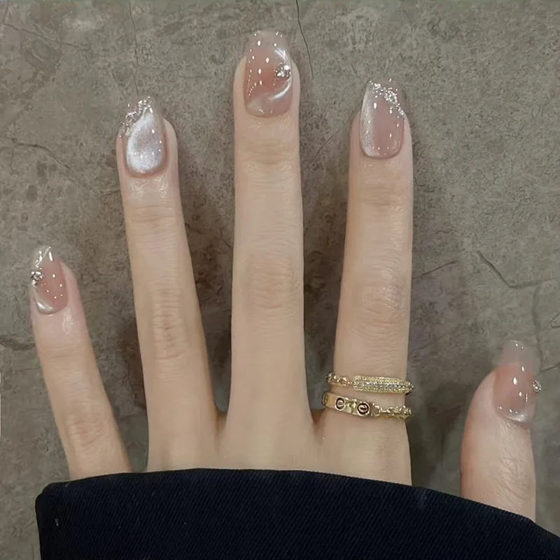 Glitter Diamond Press-On Nails | Short Square Full Cover (24 Pcs)
