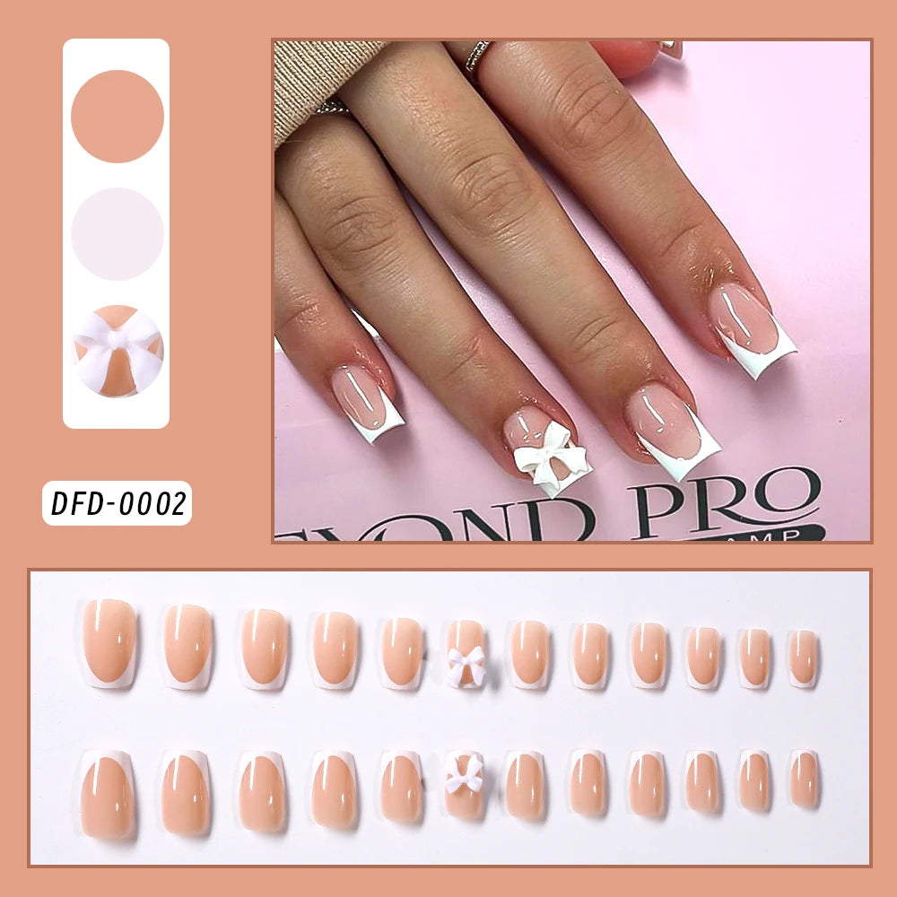 Flower Press-On Nails | White & Pink Short Square Full Cover (24 Pcs)