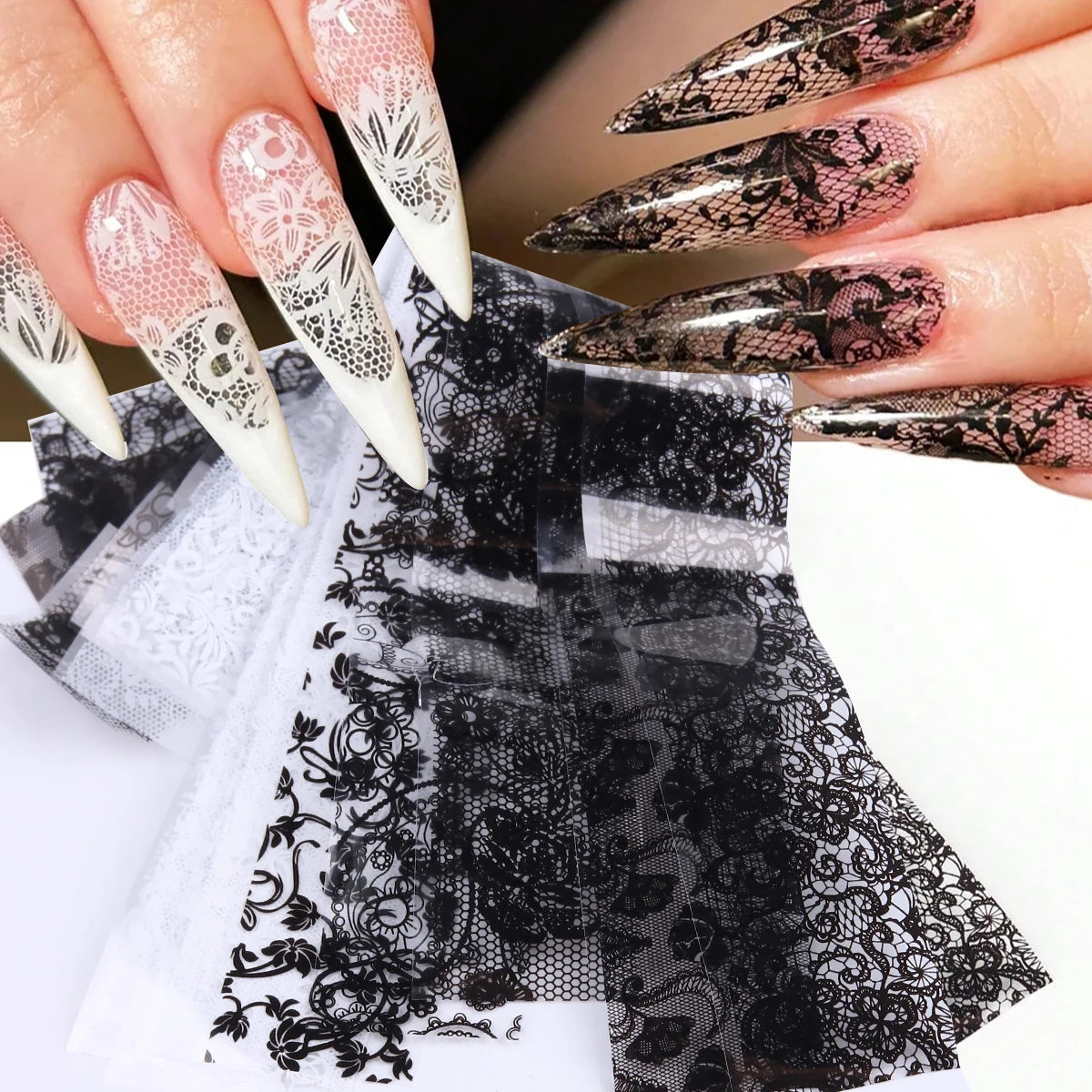 Lace Nail Foil Stickers — Black & White (10 Sheets) Main image