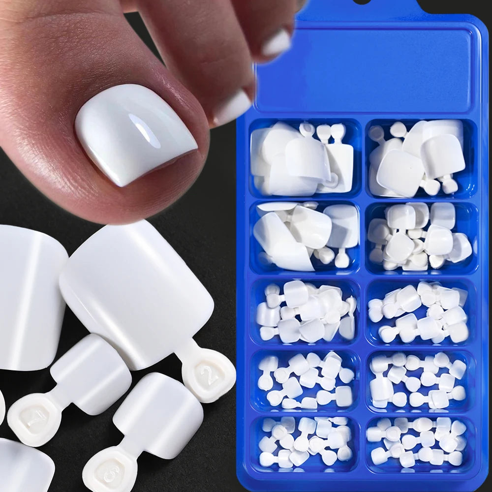 White Short Square Press-On Toenails | Full Cover Pedicure Set (100 Pcs)