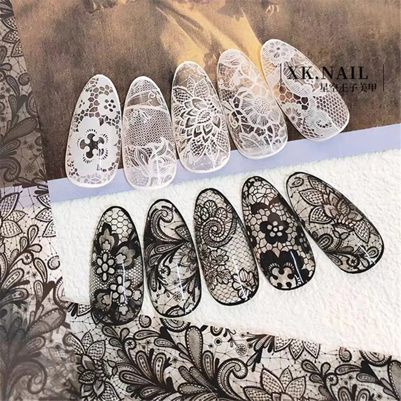 Black & White Lace Rose Nail Foil Stickers