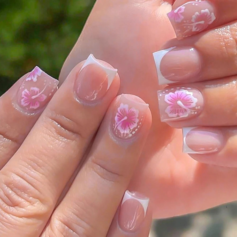 Flower Press-On Nails | White & Pink Short Square Full Cover (24 Pcs)